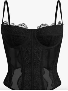 Black Lace Bustier Corset By Dealmore Boning Underwire Mesh Hook Back L